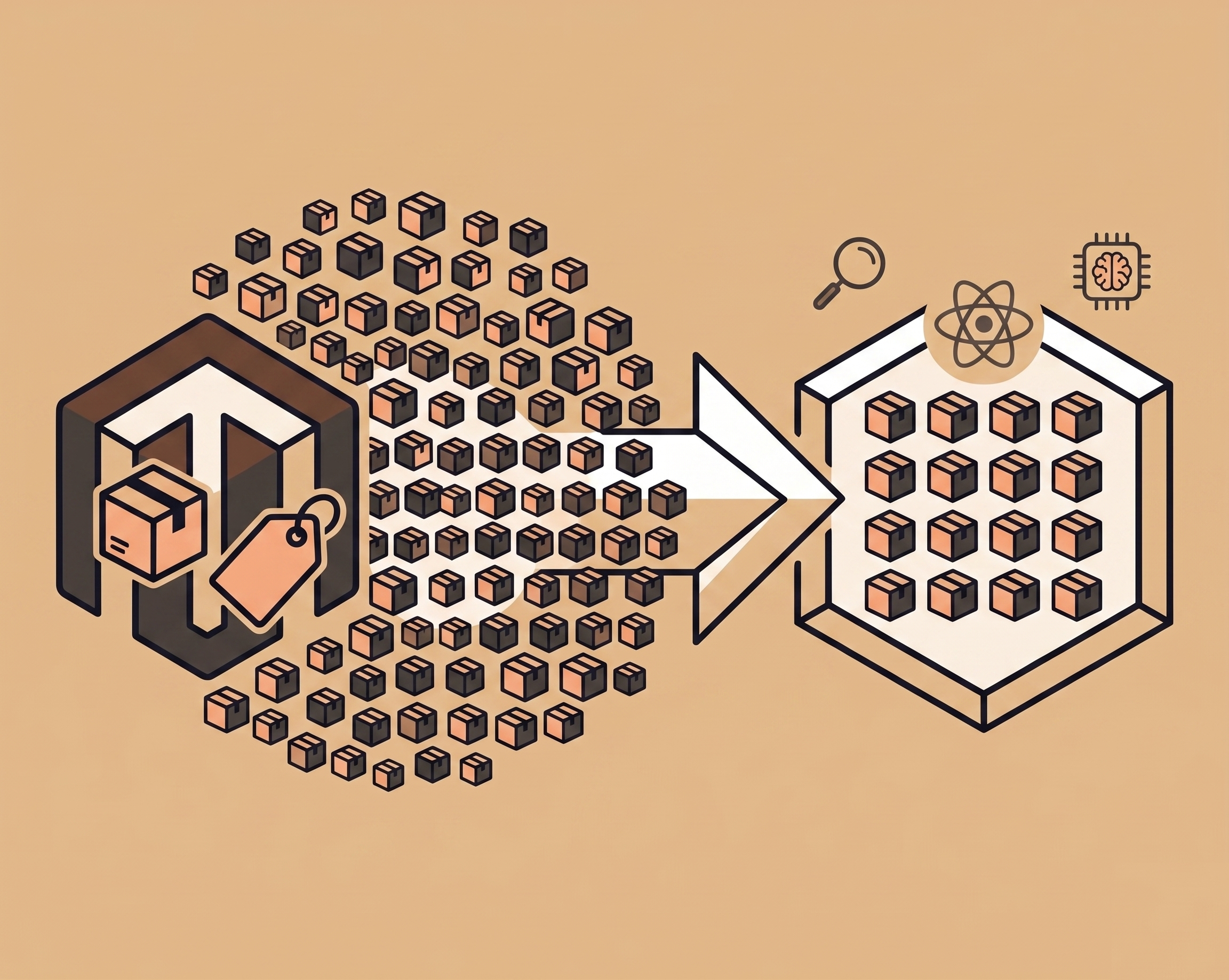 Flat illustration showing a cluttered Magento storefront on the left with a swarm of product boxes flowing via a large arrow into a neat hexagonal grid of organised boxes on the right, with React, magnifying-glass, and microchip icons above suggesting a modern technical SEO foundation. Warm tan background.