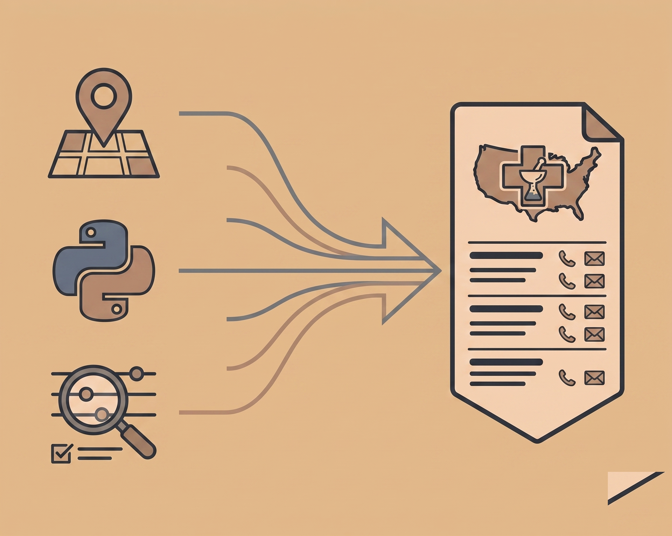 Flat illustration showing three icons on the left — a map pin over a small map, the Python logo, and a magnifying glass with filter controls — converging via arrows into a document on the right containing a national map outline with a pharmacy symbol and rows of contact details (phone and email icons). Warm tan background.