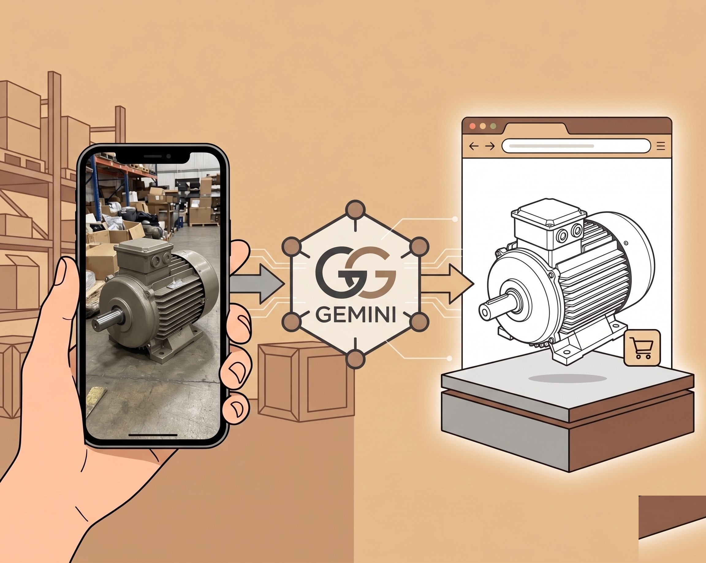 Flat illustration showing a hand holding an iPhone photographing a piece of industrial equipment in a warehouse on the left, an AI processing hexagon in the middle, and a clean studio-quality catalogue image of the equipment displayed in a browser window on the right. Warm tan background.