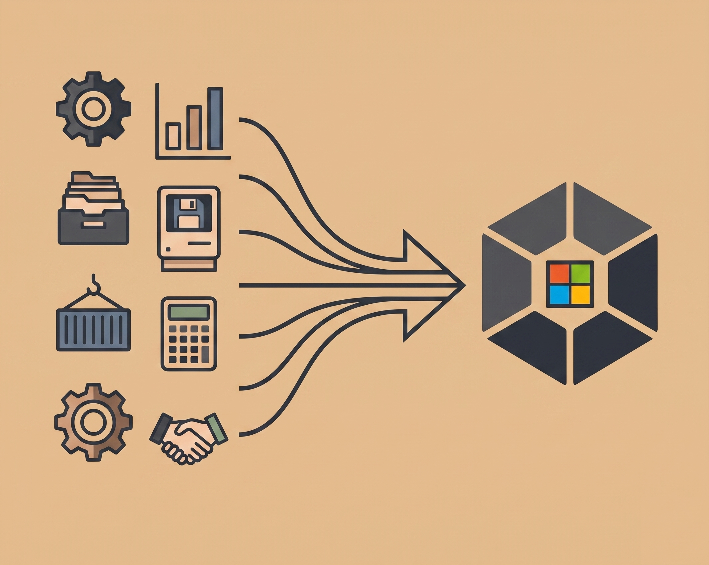 Flat illustration showing four legacy ERP systems — gears, a filing cabinet, a shipping container, a calculator, and a handshake — flowing via dark arrows into a single Microsoft Business Central hexagon on a warm tan background.